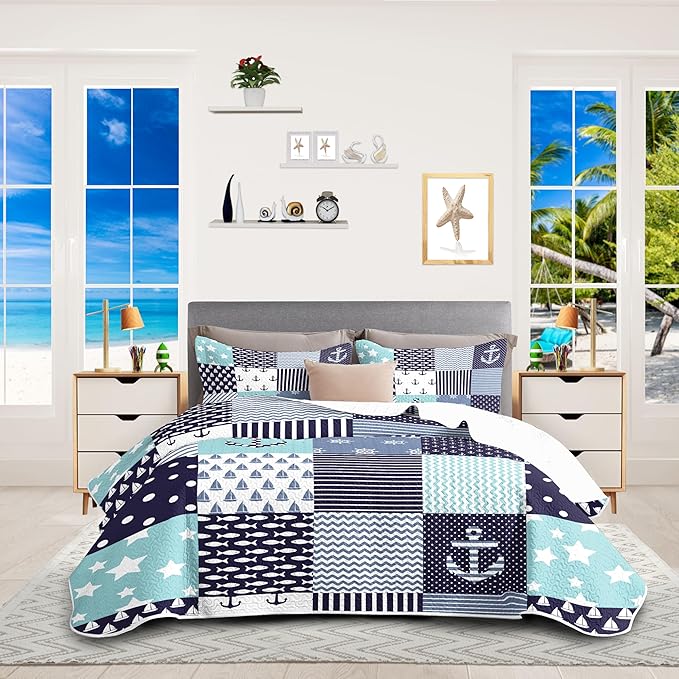 Nautical Bedding King Size Coastal Quilt with 2 Shams, Coastal Beach Comforter Sets Ocean Bedspreads Blue Seaturtle Coverlet Summer Bedding, 96''x106''-Ruum Studio Home