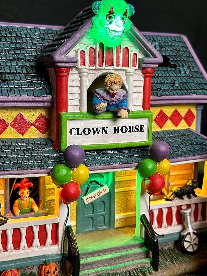 Clown Halloween Village | Spooky Town Collection Accessories Figurines on House | Porcelain with Multi-Color LED | 8.86 Inch-Ruum Studio Home
