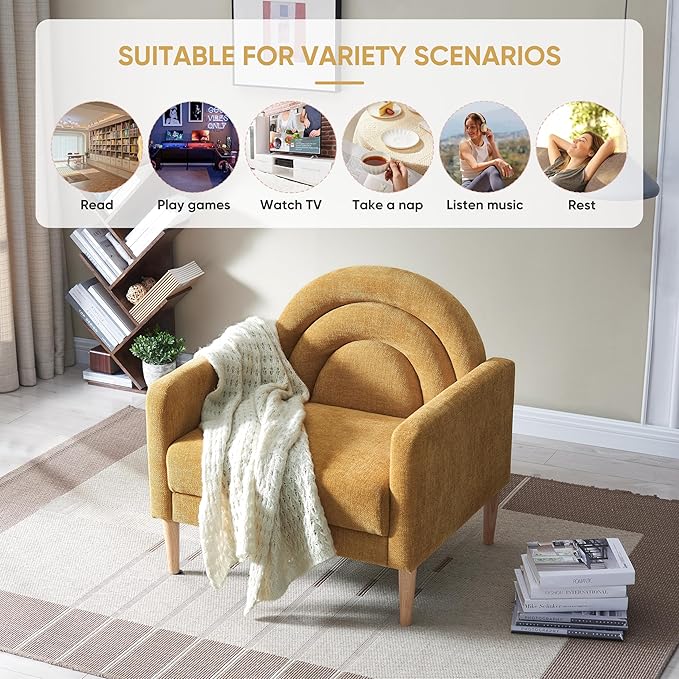 Accent Chair Reading Chair with Armrest, Small Comfy Chair for Small Spaces, Modern Linen Upholstered Armchair for Bedroom & Living Room, Single Sofa Chair with Wood Legs, Easy Assembly (Yellow)-Ruum Studio Home
