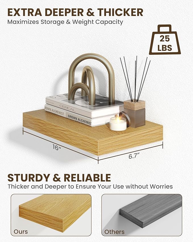 Marsmiles 16" Floating Shelves for Wall, Wooden Shelves with Invisible Brackets Set of 2, Rustic Farmhouse Wall Mounted Shelf for Kitchen Bathroom Living Room Study, Natural Oak-Ruum Studio Home