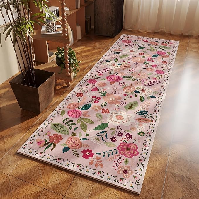 Runner Rug for Hallways Kitchen Rug Non Slip 2'6''x8' Washable Runner Rugs with Rubber Backing Soft Floral Carpet Runner for Hallways, Kitchen, Laundry, Bedroom, Bathroom(Pink)-Ruum Studio Home