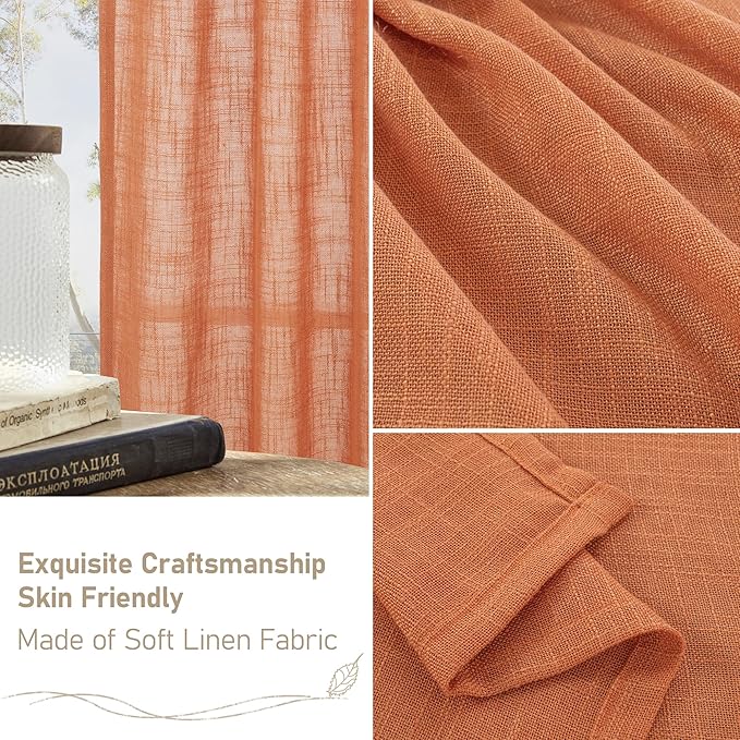 LAMIT Burnt Orange Linen Curtains 48 Inch Length for Kitchen, Semi Sheer Light Filtering Panels Bronze Grommet Small Window Drapes for Basement, 2 Panels, 34 x 48 Inch-Ruum Studio Home