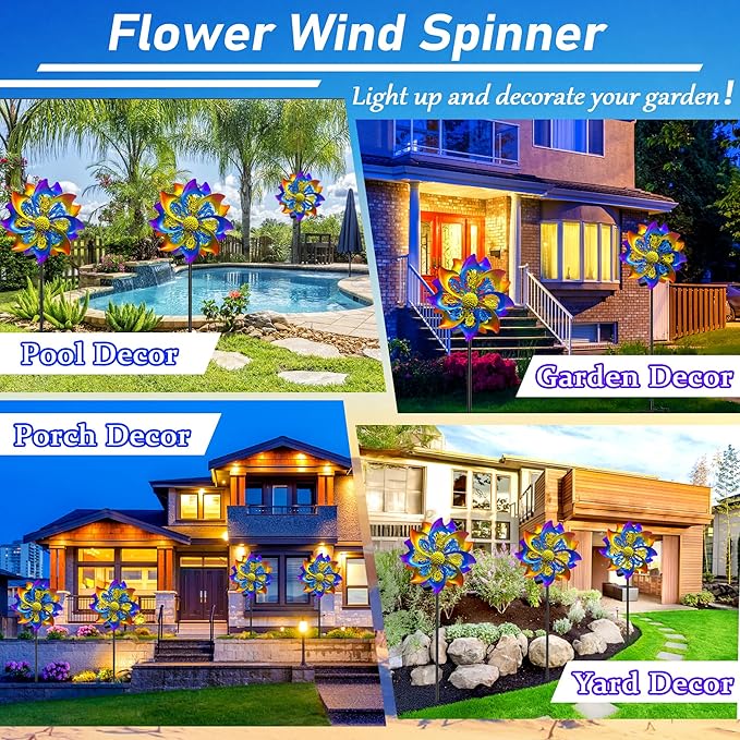 60 Inch Solar Wind Spinner Outdoor - Double-Sided Rotating Colorful Kinetic Wind Spinners for Garden, Yard Decorations Outdoor,Metal Wind Sculptures & Spinners, Wind Art-Ruum Studio Home