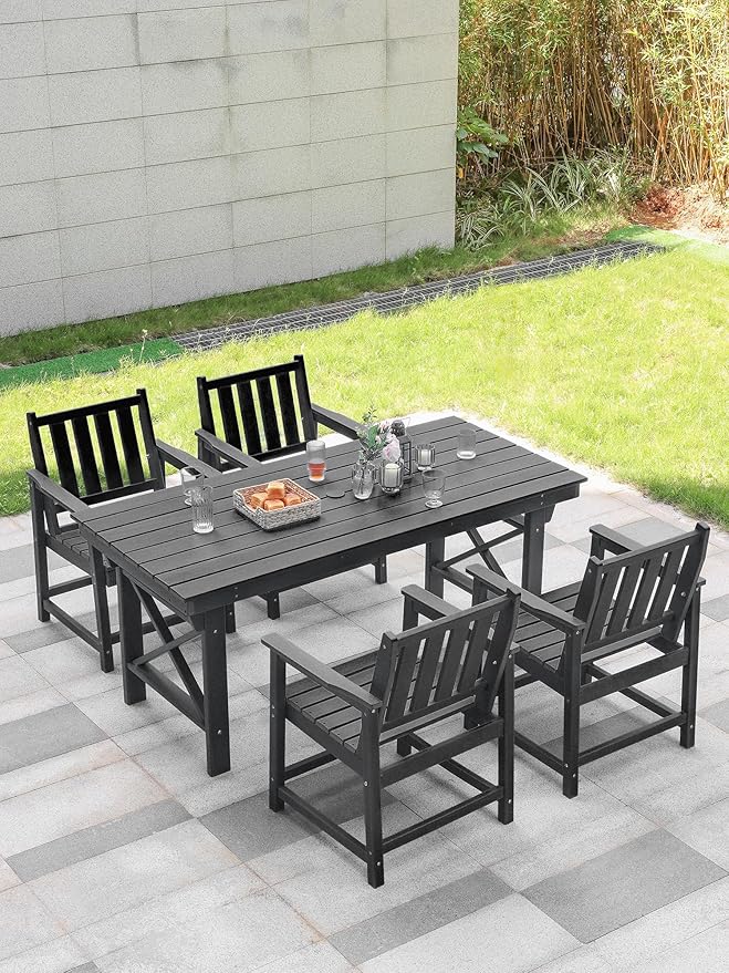 HDPE Patio Dining Set, 5-Piece Outdoor Table and Chairs with Umbrella Hole, Modern Outdoor Dining Set for 4, HDPE Outdoor Patio Furniture Dining Sets for Deck, Poolside, Porch, Obsidian-Ruum Studio Home