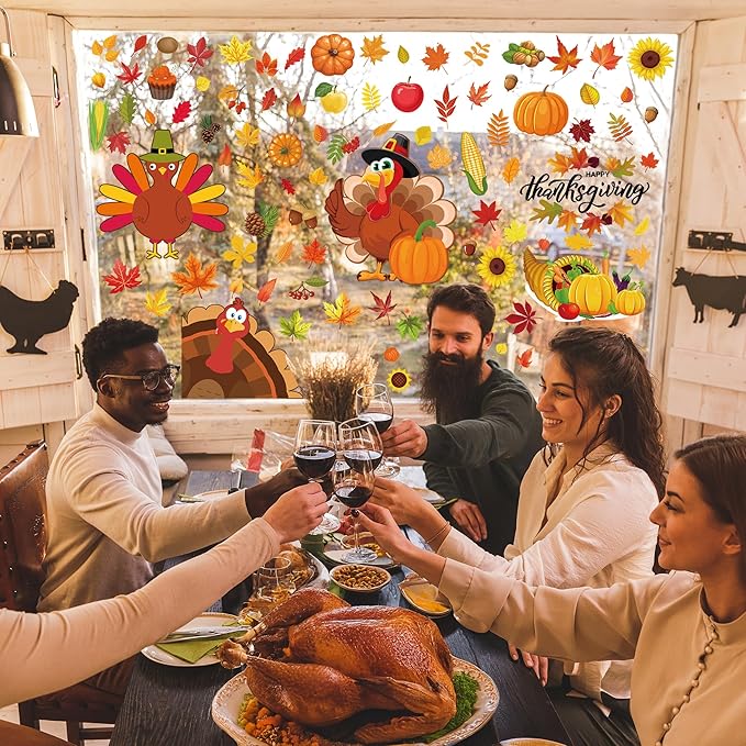 9 Sheets Thanksgiving Window Clings, 115PCS Thanksgiving Decorations Window Stickers, Turkey Decal Stickers with Cute Cones Nuts Maple Leaves Patterns for Fall Harvest Decorations Decor Accessories-Ruum Studio Home