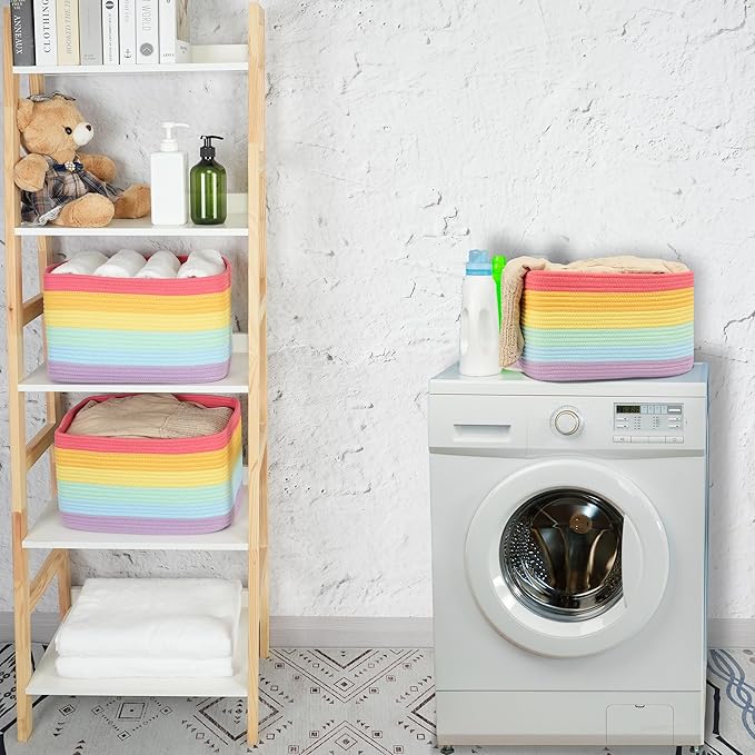 3-Pack Rainbow Storage Baskets 14.5X9.5X9.3“ – Woven Toy Organizer Bins for Kids, Baby Room, Nursery, and Classroom – Cute Square Rope Baskets for Shelves and Organization Rainbow-Ruum Studio Home