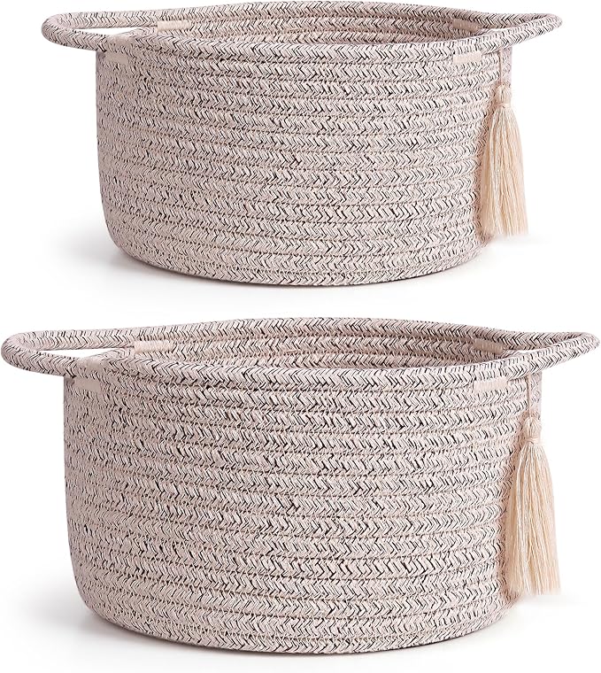 Small Soft Organizer Baskets，Decorative Mini Round Woven Rope Storage Bin Empty Gift Baskets for Man，Office, Desk Decor, Gifting, Kids, Toys, Pre Shaped, Brown, 2 Pack-Ruum Studio Home