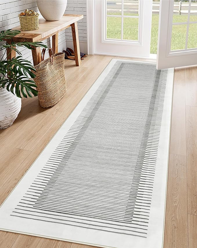 Wonnitar Washable Striped Runner Rug 2'6"x8', Non-Slip Berber Stripe Hallway Runner, Low Pile Minimalist Kitchen Soft Carpet Runner for Bedroom Bathroom Laundry Entryway (Grey, 2'6" x 8')-Ruum Studio Home