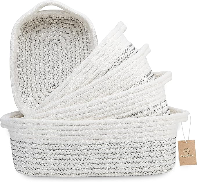NaturalCozy 5-Piece Rectangle Storage Basket Set- Natural Cotton Rope Woven Baskets for Organizing! Small Basket for Montessori, Baby Nursery, Dog Toy Baskets, Cat Toy Box, Bathroom Organization Bin-Ruum Studio Home