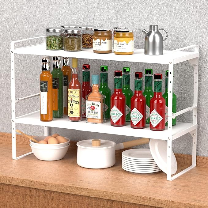 iPEGTOP Expandable Cabinet Storage Shelf Organizer Rack, Heavy Duty Cupboard Stand Spice Rack Adjustable Height Garage Pantry Shelf Space Riser for Counter Kitchen Organization, White, 1 Pack-Ruum Studio Home
