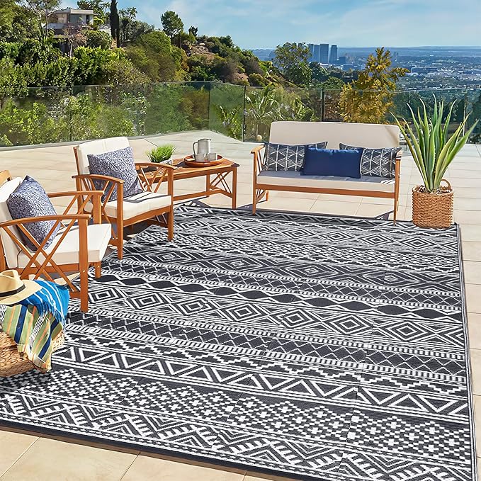GAOMON Outdoor Rug 9'x12' Waterproof Rug for Patio Decor, Foldable Reversible Plastic Straw Area Rugs Mat for Camper, Outside Carpet for Deck, Porch, Picnic, Beach, Grey/White(Bohemia)-Ruum Studio Home