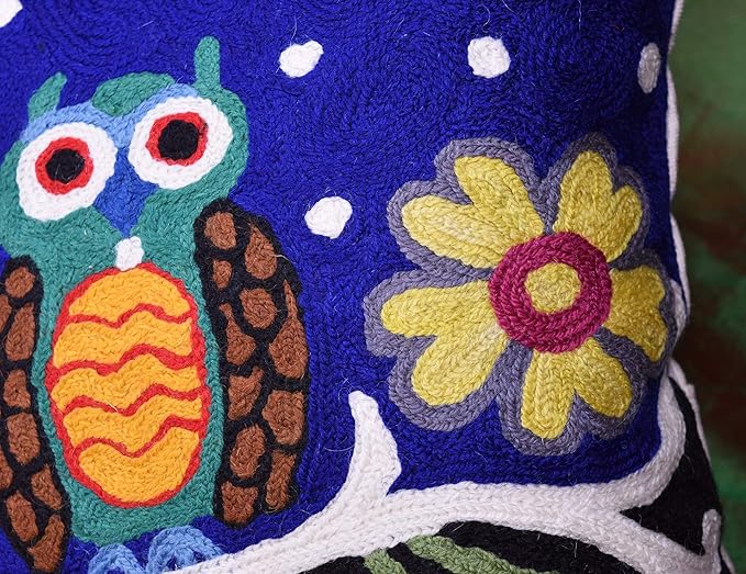 Lumbar Four Owls Decorative Pillow Cover Blue Whimsical Hand Embroidered Wool 14x20-Ruum Studio Home