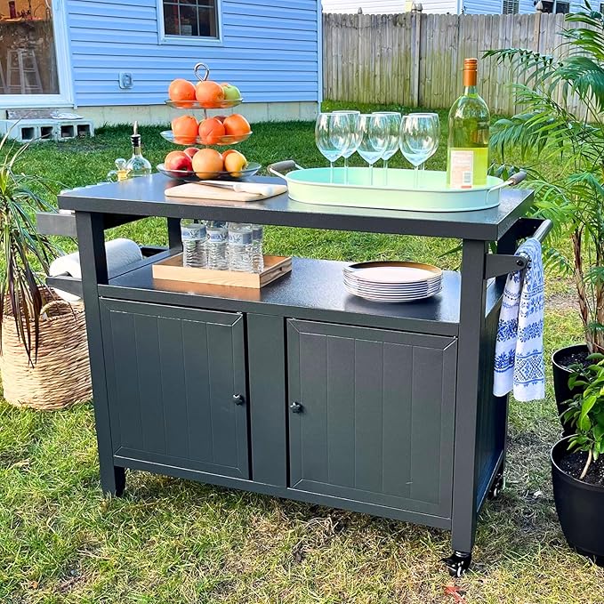 Domi Grill Carts Outdoor Storage Cabinet with Wheels, Metal Outdoor Grill Cart Kitchen Dining Table Cooking Prep BBQ Table for Patio, Kitchen Island, Home Party, Bar (Grey)-Ruum Studio Home
