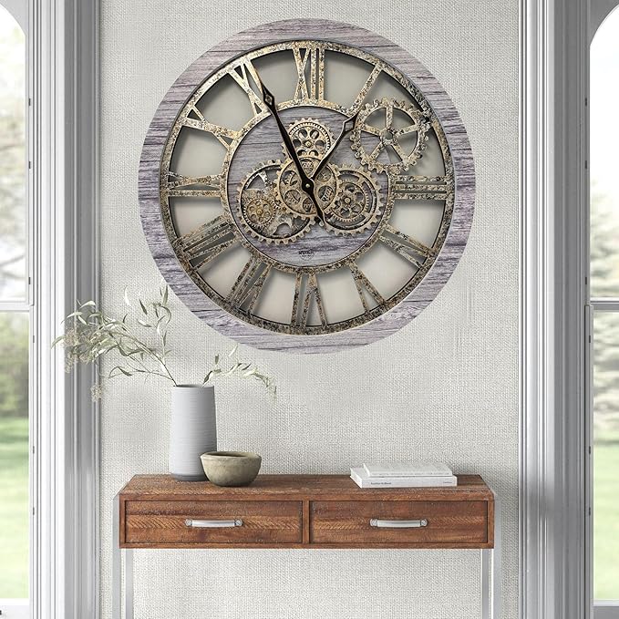 The Gears Clock The Original Real Moving Gear Wall Clock Vintage Industrial Oversized Rustic Farmhouse (24 inch (60cm),Silver Grey)-Ruum Studio Home