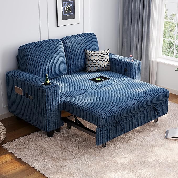 LINSY HOME Loveseat Sofa with Pull Out Couch Chaise: 2-in-1 Convertible 2 Seater Sofa with USB Charging & Cup Holders, Comfy Plush Corduroy Love Seat for Small Spaces Living Room Apartment, Blue-Ruum Studio Home