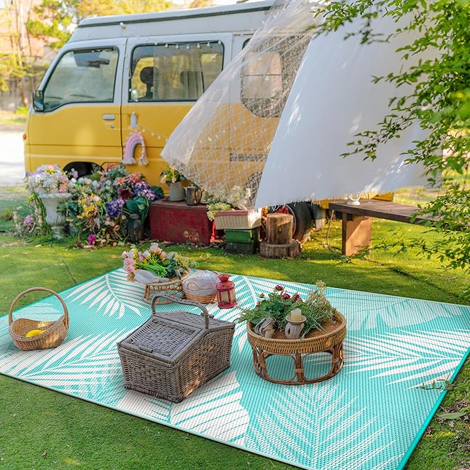GENIMO Outdoor Rug 9' x 12' Waterproof for Patios Clearance, Reversible Outdoor Plastic Straw Camping Rug Carpet, Large Area Rugs Mats for RV, Camper, Deck, Balcony, Porch, Beach, Aqua Blue&White-Ruum Studio Home