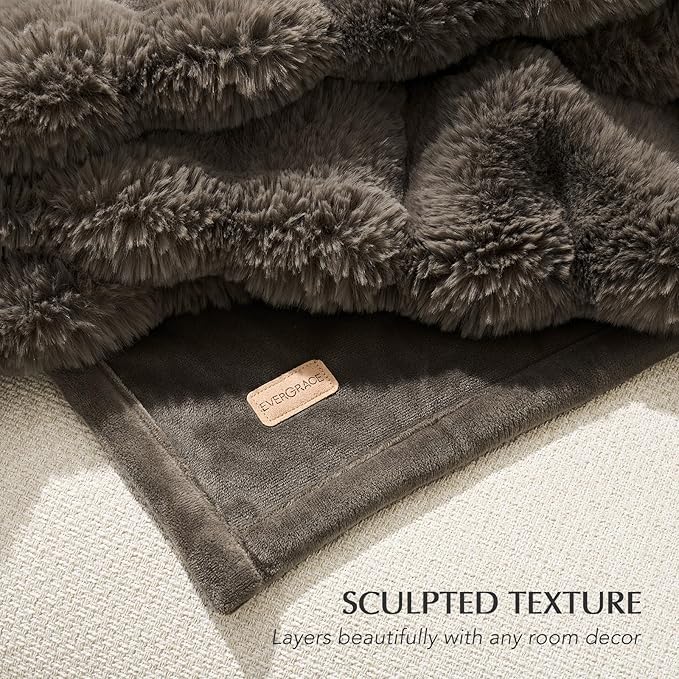 EVERGRACE Ultra Soft Luxury Fluffy Faux Rabbit Fur Throw Blanket, Thick Warm Fuzzy Blankets for Bed, Cozy Plush Reversible Blanket for Couch, Chair, Sofa, Dark Taupe, 60x80 Inches, 870 GSM-Ruum Studio Home