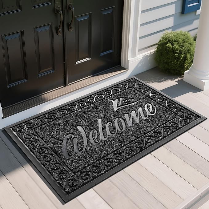Yimobra Welcome Mat, Heavy Duty Sturdy Door Mats for Home Entrance Outdoor Indoor, Front Doormat for Outside Patio Floor Entry Porch Garage Office, Waterproof, Low Profile, 47X32 Inches, Black-Ruum Studio Home