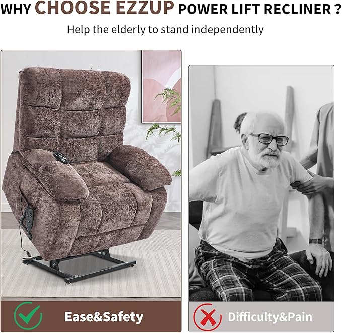 Lay Flat Recliner with Vibration Massage and Lumbar Heating, 26" Wide Recliner with Infinite Position and 2 Remote Controls, Soft Chenille Lift Chair for Living Room, Chocolate-Ruum Studio Home