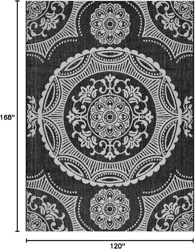 Medallion Outdoor Rug 10x14 Washable Outside Carpet for Indoor Patio Porch Waterproof Easy Cleaning Non Shedding Area Rugs Black 10 x 14-Ruum Studio Home