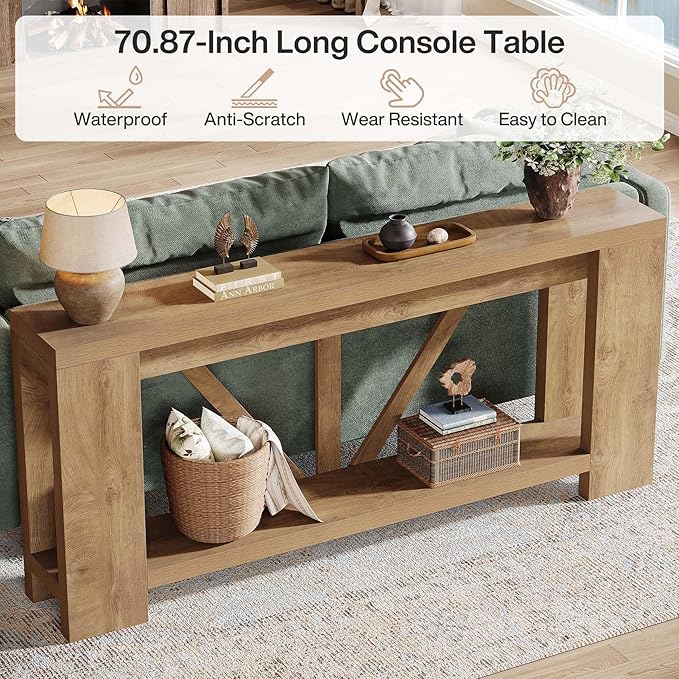 Tribesigns 70.9" Extra Long Entry Table, Farmhouse Wood Console Table with Storage, Modern Accent Sofa Table Behind Couch Foyer Tables for Entryway, Living Room, Entrance, Light Brown-Ruum Studio Home