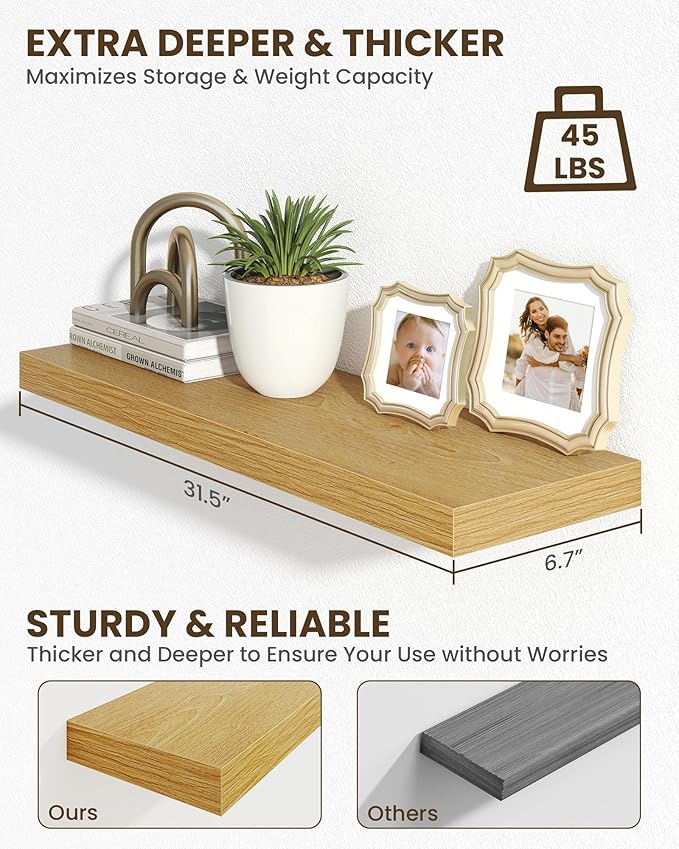 Marsmiles 31.5" Floating Shelves for Wall, Wooden Shelves with Invisible Brackets Set of 2, Rustic Farmhouse Wall Mounted Shelf for Kitchen Bathroom Living Room Study, Natural Oak-Ruum Studio Home