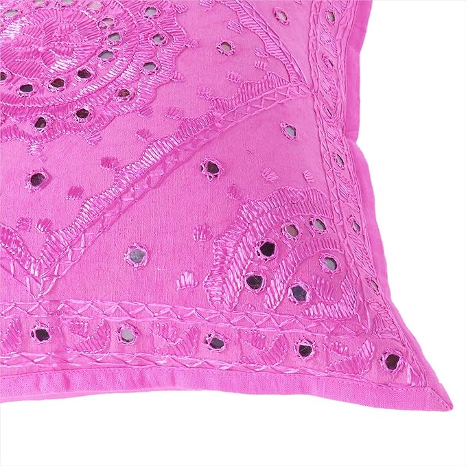 Eyes of India Embroidered Decorative Boho Throw Pillow Cover with Mirrors, Handmade Bohemian Accent Cushion Case for Sofa Couch Bedroom Living Room (Pink, 16" x 16")-Ruum Studio Home