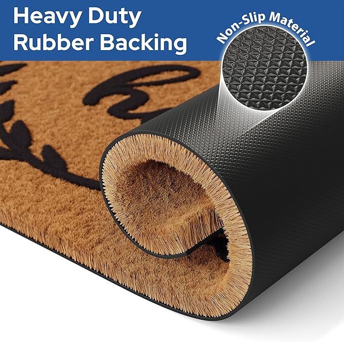 Barnyard Designs Natural Coco Coir Heavy Duty Backing Doormat - Large Cute Non-Slip Front Door Welcome Mat for Outside Entrance or Porch Entry, Brown (17x30, Hello Wreath)-Ruum Studio Home