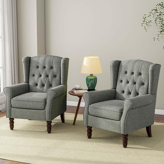 Accent Chair, Upholstered Armchair with Button Tufted High Back & Solid Wood Legs, Comfy Wingback Reading Single Sofa Chair for Small Spaces, Living Room, Bedroom (Grey, Set of 2)-Ruum Studio Home