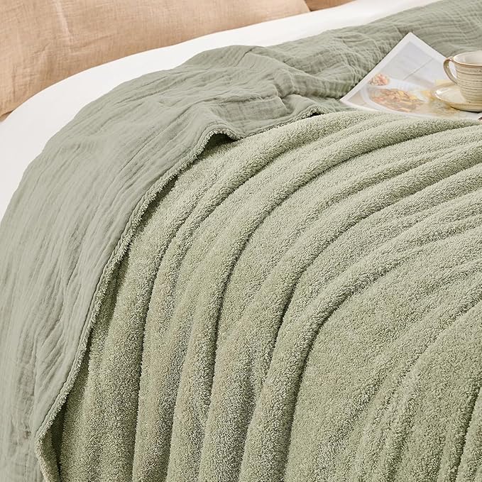EMME Muslin and Fleece Twin Blanket Reversible - 60"*80" Sage Green Soft Warm Throw Blankets for Couch Bed Picnic Travel Bed-Ruum Studio Home
