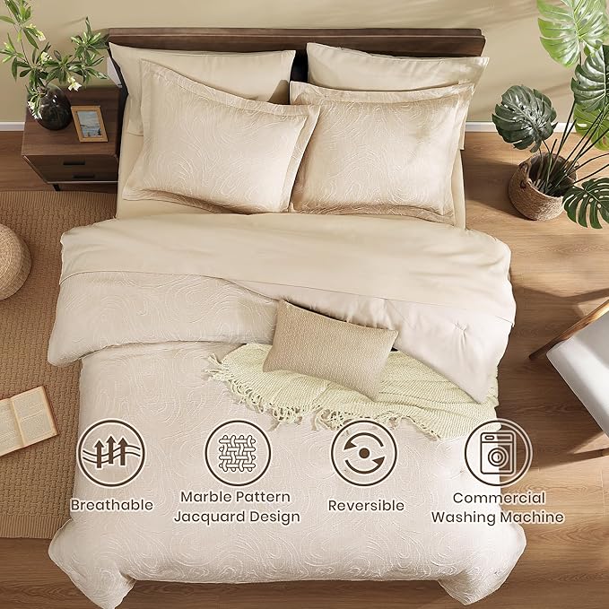 Monbix Full Size Comforter Set, Birch Marble Pattern Bedding Comforter for Full Size Bed Set, Reversible Bedding Sets 7 Pieces, Bed in a Bag with Comforter, Sheets, Pillowcases & Shams-Ruum Studio Home