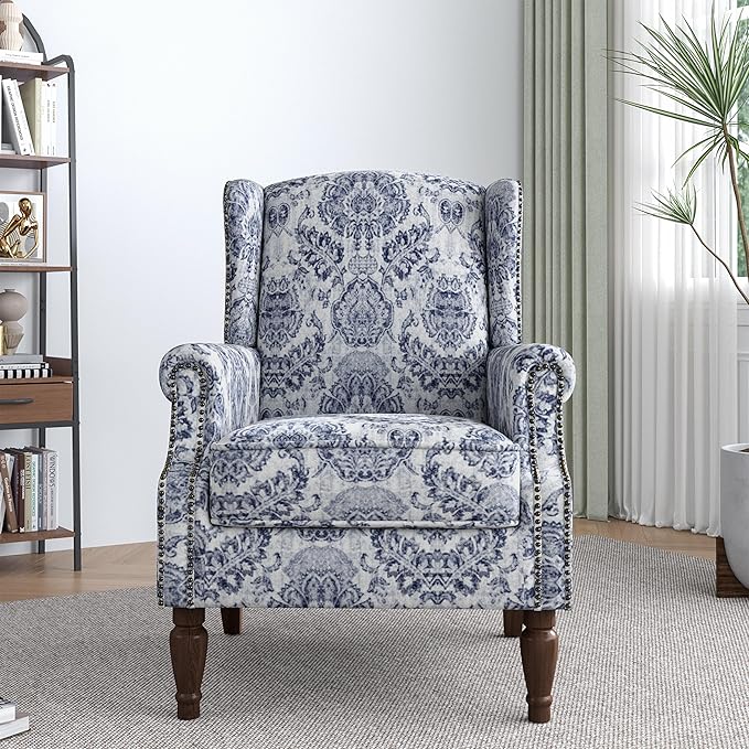 Lumibee Wingback Accent Chair,High Back Floral Armchairs in Fabric,Comfy Upholstered Reading Single Sofa Chair with Solid Wood Legs for Living Room,Bedroom,Office-Navy-Ruum Studio Home