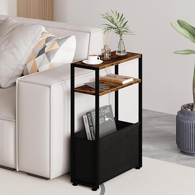 Narrow Side Table, Slim End Tables with Fabric Basket, Skinny Table for Small Spaces, Thin Bedside Table for Living Room, Bedroom-Ruum Studio Home