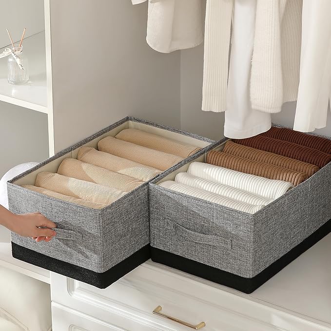 Linen Folding Storage Bins, 3 Pack Large Storage Baskets, Washable, Clothing Storage Bins with Handle, Closet Organizer for Storage Sweater,Sheets (gray black, 18½"x11"x8½")-Ruum Studio Home