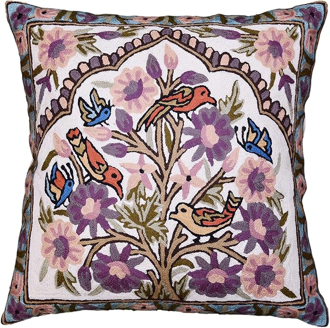 Tree of Life Pillow Cover Lavender Floral Pillowcase Botanical Flower Pillows Plants Farmhouse Traditional Chair Cushions Needlepoint Hand Embroidered Wool Size - 18x18-Ruum Studio Home