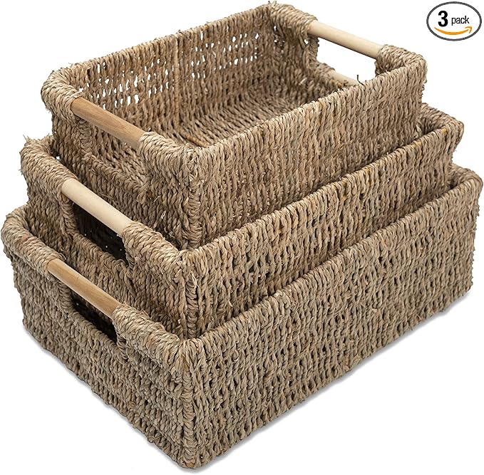 VATIMA Seagrass Baskets with Wooden Handles, Set of 3 Decorative Natural Wicker Baskets for Kitchen-Ruum Studio Home