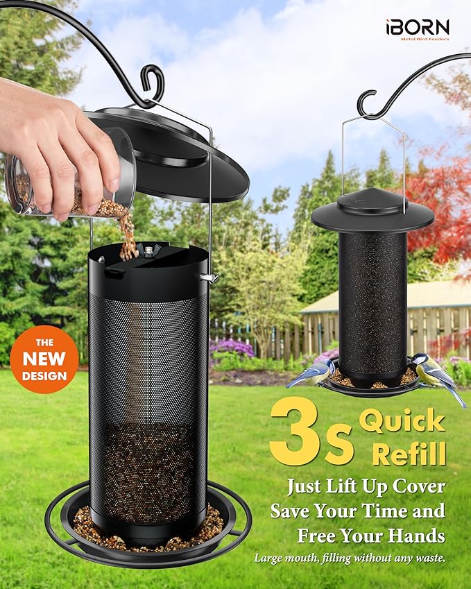 iBorn Bird Feeders for Outdoors, All Metal Mesh Tube, Holding Bird Seed for Outside Feeders,18cm Large Roof, Black, 2.8lb(Seed is not Included)-Ruum Studio Home