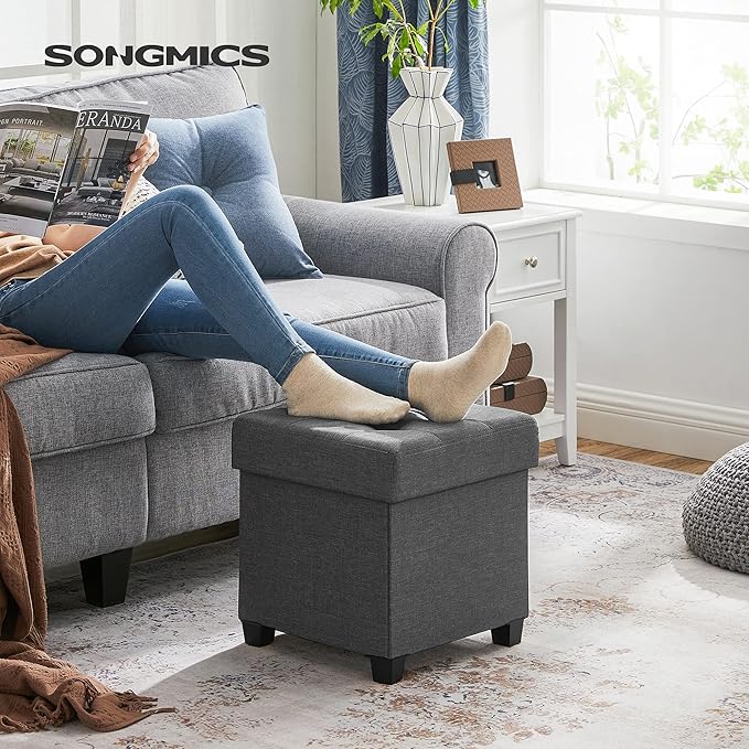 SONGMICS 15 Inches Cube Storage Ottoman, Bedroom Bench with Storage, Foot Stool with Feet, Holds Up to 660 lb, Dark Gray ULSF14GYZ-Ruum Studio Home