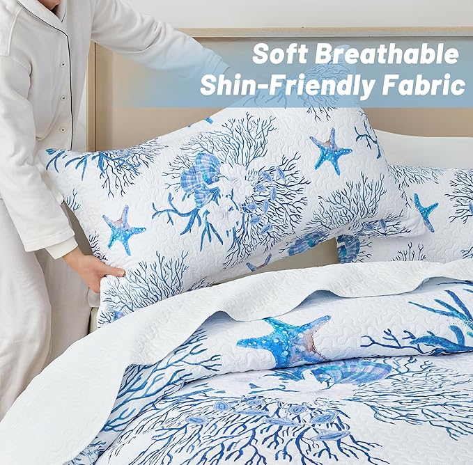 Coastal Bedding Queen Size Coastal Quilt with 2 Shams, Nautical Beach Comforter Sets Ocean Bedspreads Blue Starfish Coverlet Summer Bedding, 90''x96''-Ruum Studio Home