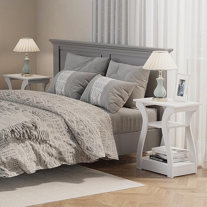 End Tables Living Room, White End Table with Charging Station,White Side Table, Nightstand for Bedroom, 3 Tier End Table with Storage Shelf for Living Room-Ruum Studio Home