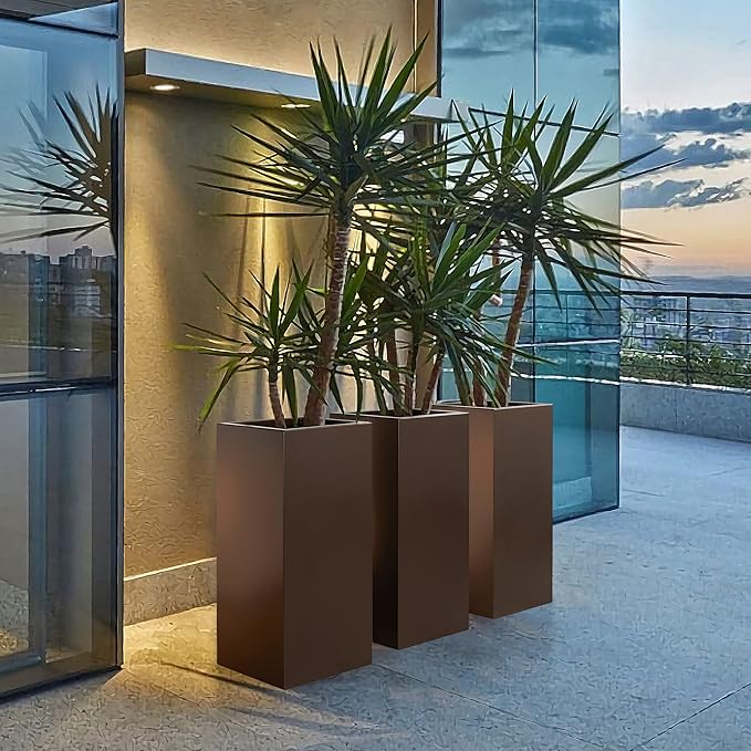 Metallic Heavy Tall Outdoor/Indoor Planter Box 14Lx14Wx30H Inches, Rectangular Tall Planter, Large Flowerpot, ‎25 Pounds, Espresso, No Assembly Required 1 Pack-Ruum Studio Home