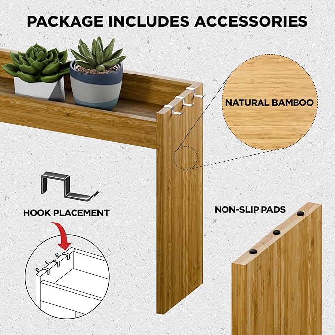 Edgecrest Bamboo Over The Stove or Sink Modern Spice Shelf, No Annoying Middle Screw, 31.5” Wide Storage, 11.4” High Countertop Shelf, 6 Side Hooks, Easy to Assemble, Eco-Friendly Durable Material-Ruum Studio Home