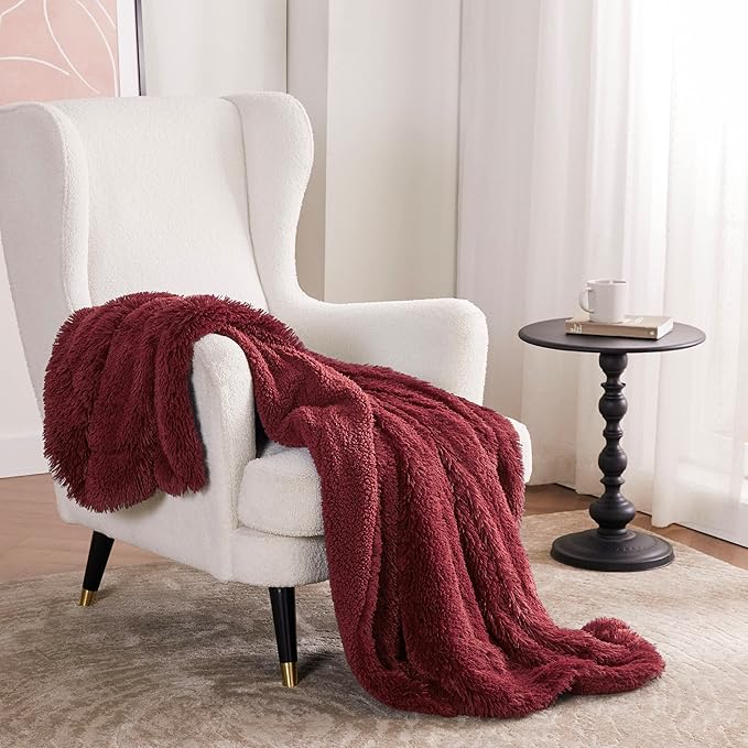 Bedsure GentleSoft Fuzzy Sherpa Faux Fur Twin Blanket Burgundy Red Cozy Gifts for Women Men, Soft Fleece Plush Warm Minky Thick Blanket Twin Size for Bed, Dorm Essentials Red Room Decor Gifts, 60x80-Ruum Studio Home
