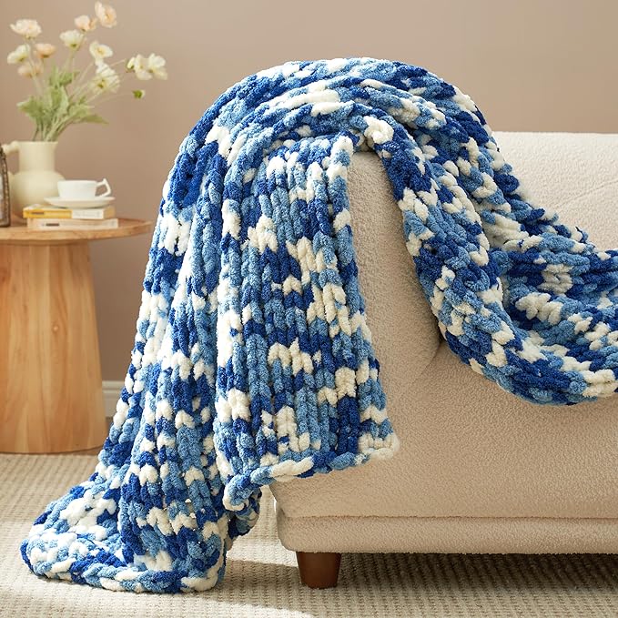 Amélie Home Chunky Knit Throw Blanket for Couch, Soft Chenille Crochet Blanket for Sofa, 50"x60", Space-Dyed Blue-Ruum Studio Home