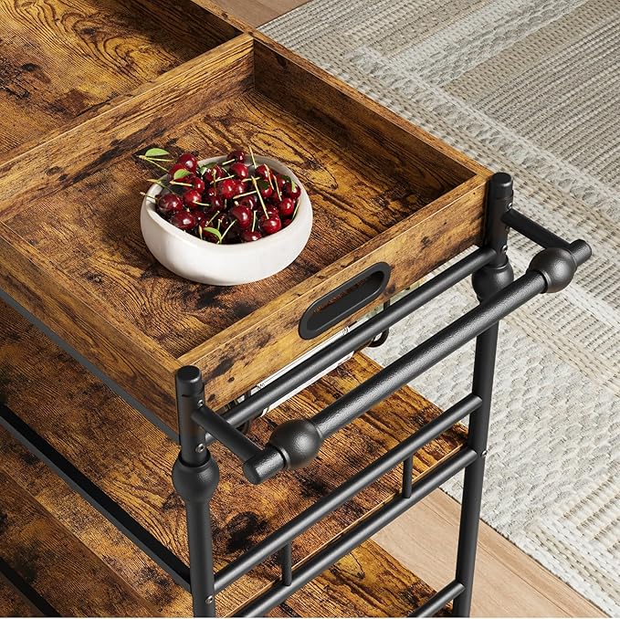 Bar Cart, Bar Carts for The Home, 3 Tier Serving Cart with Wheels, Home Bar & Serving Carts, Metal Rolling Cart with Wine Rack & Removable Tray for Kitchen, Dining Room, Living Room-Retro Brown-Ruum Studio Home