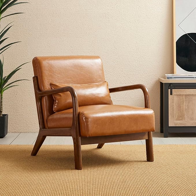 Glitzhome 30" H Mid Century Yellowish Brown Accent Armchair, Single Reading Sofa, PU Leather Lounge Chair with Walnut Ruberwood Frame for Livingroom or Office-Ruum Studio Home