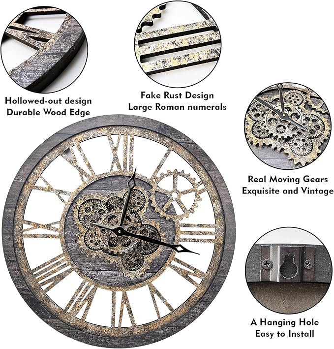 The B-Style Large Wall Clock 18 inch Moving Gear Wall Clock Oversized Vintage Farmhouse Wall Clocks for Living Room Decor Rustic Industrial Wood Clock (Carbon Gray)-Ruum Studio Home