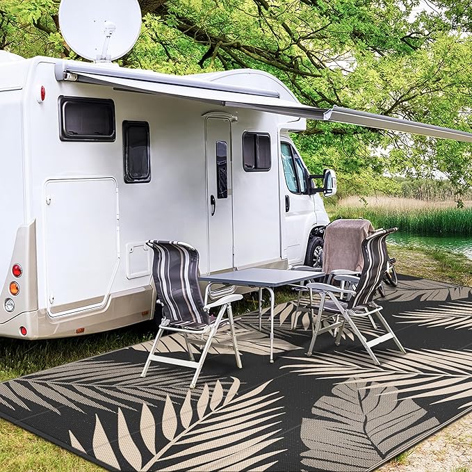 GENIMO Outdoor Rug 10' x 14' Waterproof for Patios Clearance, Reversible Outdoor Plastic Straw Camping Rug Carpet, Large Area Rugs Mats for RV, Camper, Deck, Balcony, Porch, Beach, Picnic, Black&Beige-Ruum Studio Home