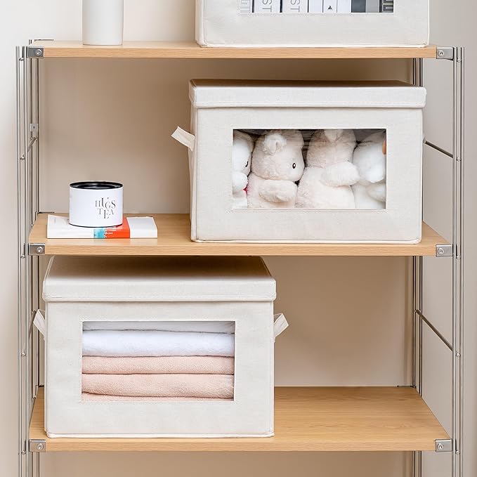 Citylife 4-Pack Storage Bins with Lids, Fabric Foldable Storage Bins with Soft Cord Handles, Cube Closet Storage Baskets with Lids, Organizers for Organizing Clothes and Books, Beige-Ruum Studio Home
