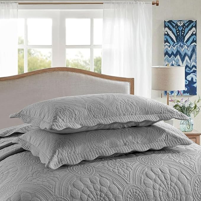 MarCielo 3-Piece 100% Cotton Oversized Bedspread Lightweight Quilt Coverlet Embroidery Farmhouse Bedding Set (Tf Light Grey, Oversized Queen (100"x106"))-Ruum Studio Home